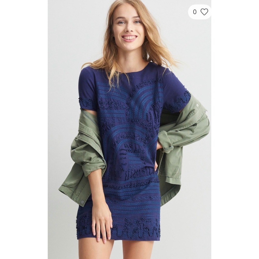 Anthropologie Rae Embroidered Shift Dress Navy Cotton Lined Boho Mini - 2
